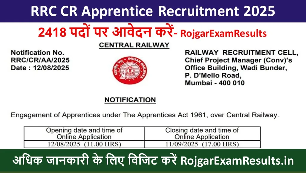 RRC CR Apprentice Recruitment 2025: सेंट्रल रेलवे अप्रेंटिसश भर्ती 2025: 2418 पदों पर आवेदन करें