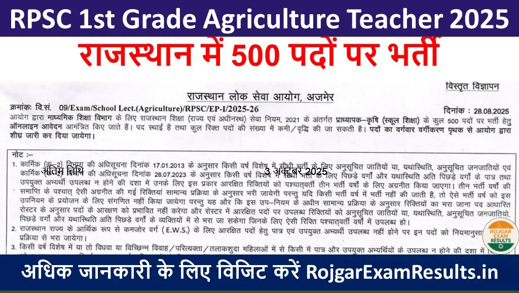 RPSC 1st Grade Agriculture Teacher Vacancy 2025 | राजस्थान में 500 पदों पर भर्ती