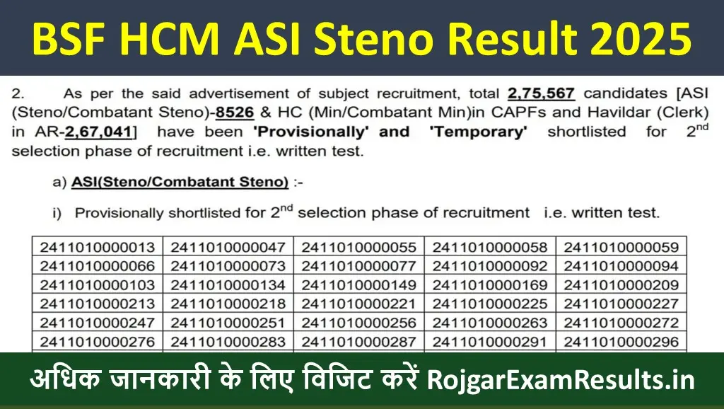 BSF Head Constable (Ministerial), ASI Steno & Havaldar Clerk Result 2025 घोषित – करें रिजल्ट चेक