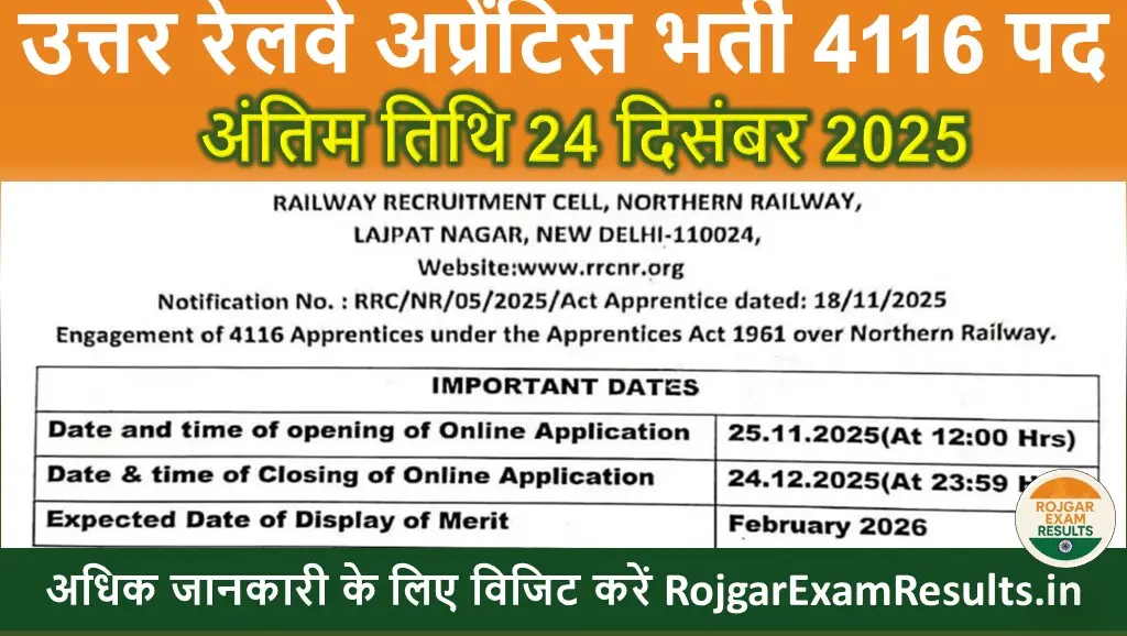 Northern Railway Recruitment 2025: उत्तर रेलवे अप्रेंटिस भर्ती 4116 पदों पर