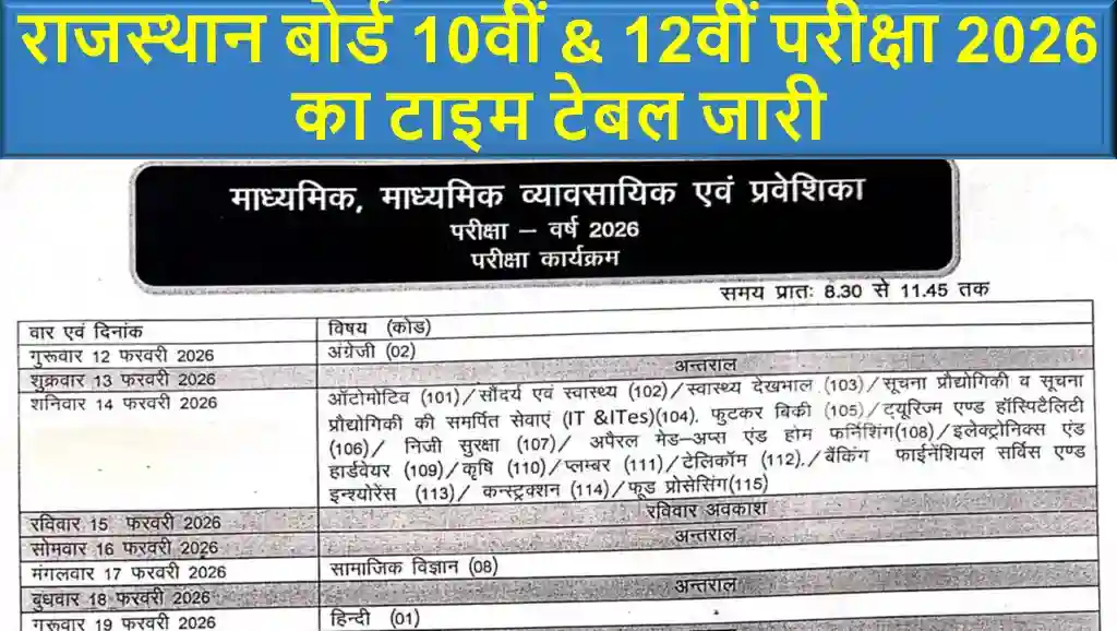 राजस्थान बोर्ड 10वीं और 12वीं परीक्षा 2026 का टाइम टेबल जारी, जानें पूरी जानकारी